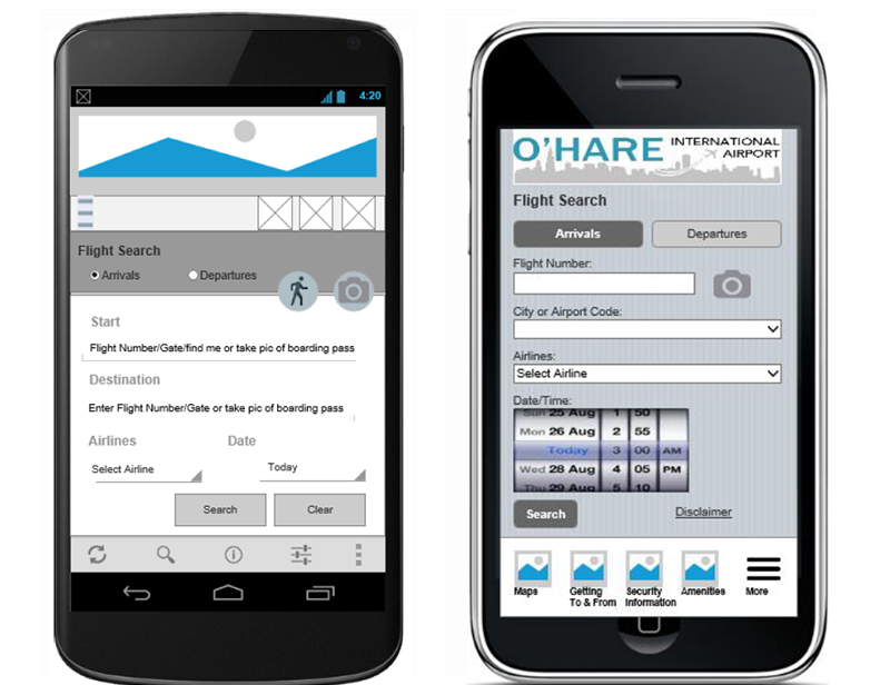 This was a class project for mobile design which involved creating a new design for O'Hare Airport's mobile app in both Android and iOS.  The Android wireframe uses Google's material design and new floating action button.  The iPhone wireframe uses flat design and both wireframes were created using Axure.